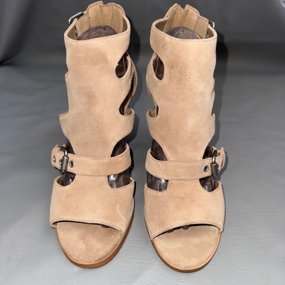 Marc Fisher Tan Suede Gladiator Block Heel Sandals Caged Booties Womens 8.5M